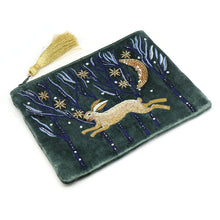 Load image into Gallery viewer, Midnight Green Velvet Purse with Leaping Hare Embroidery and Tassel Zip
