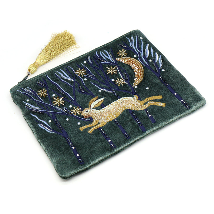 Midnight Green Velvet Purse with Leaping Hare Embroidery and Tassel Zip