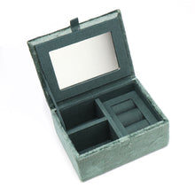 Load image into Gallery viewer, Midnight Green Velvet Small Jewellery Box with Embroidered Leaping Hare
