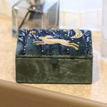 Load image into Gallery viewer, Midnight Green Velvet Small Jewellery Box with Embroidered Leaping Hare
