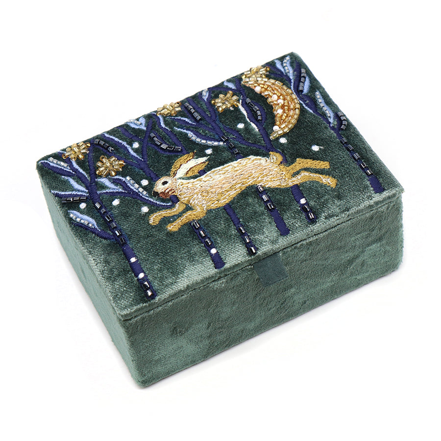 Midnight Green Velvet Small Jewellery Box with Embroidered Leaping Hare