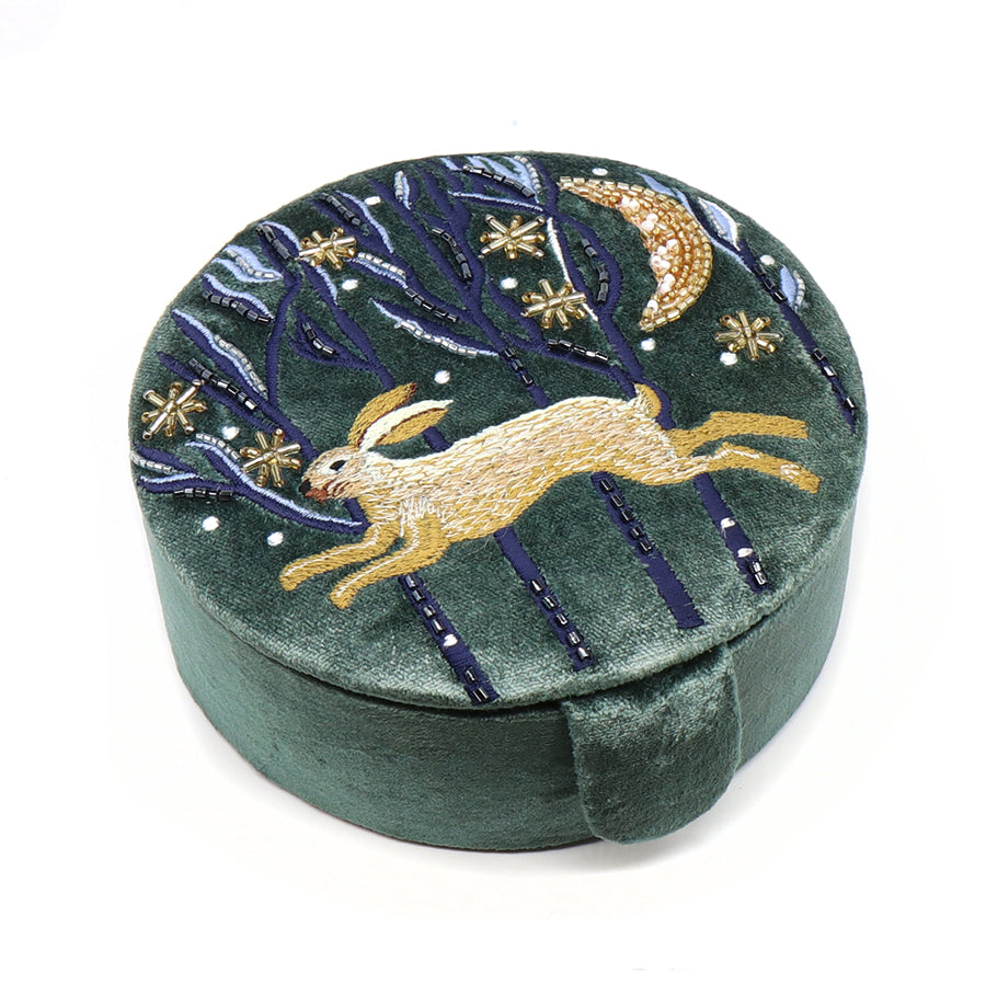 Midnight Green Velvet Round Jewellery Box with Embroidered Leaping Hare