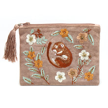 Load image into Gallery viewer, Buff Velvet Sleeping Dormouse Floral Embroidered Purse with Zip Tassel
