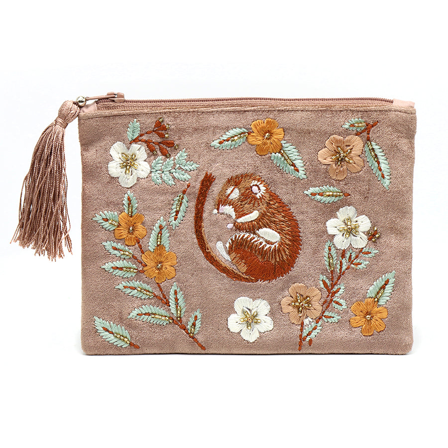 Buff Velvet Sleeping Dormouse Floral Embroidered Purse with Zip Tassel