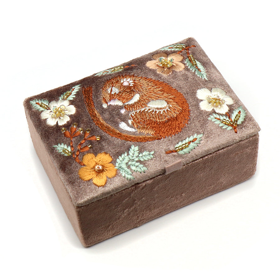 Buff Velvet Sleeping Dormouse Floral Embroidered Small Jewellery Box
