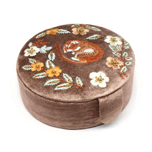 Load image into Gallery viewer, Buff Velvet Sleeping Dormouse Floral Embroidered Round Jewellery Box
