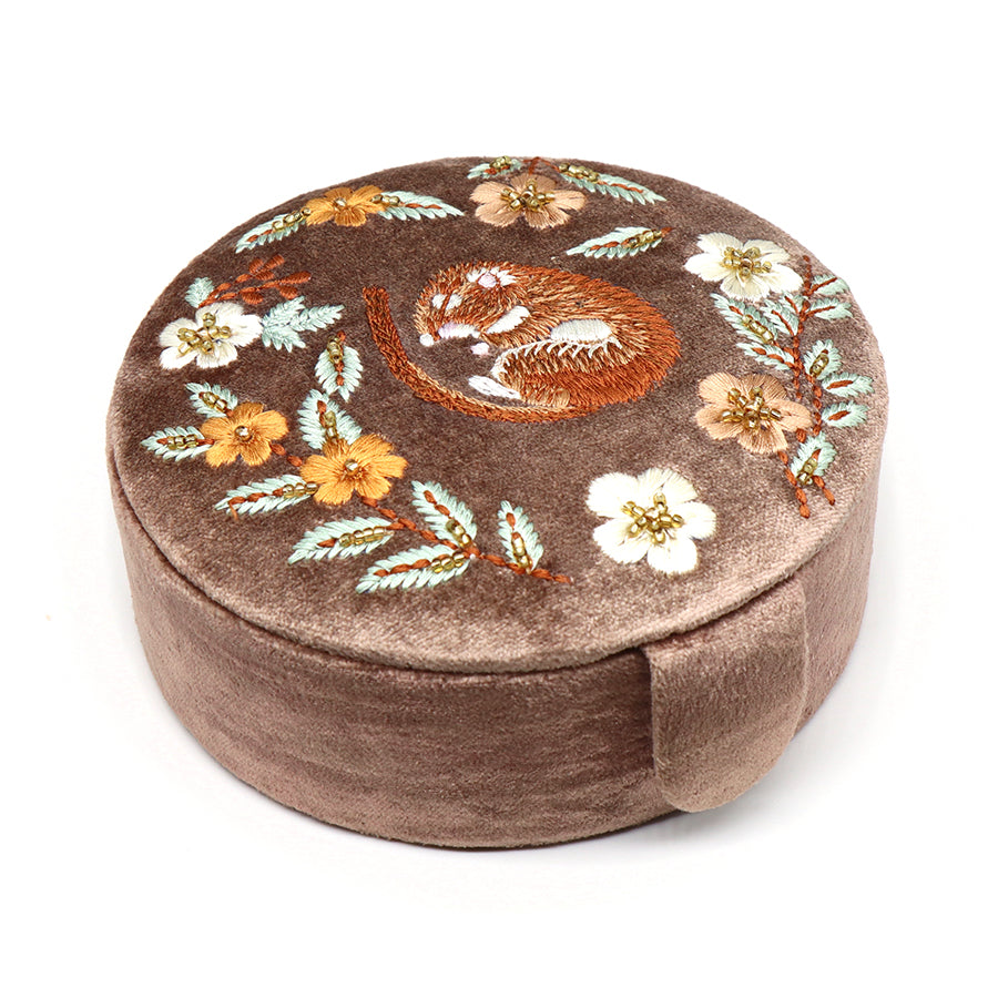 Buff Velvet Sleeping Dormouse Floral Embroidered Round Jewellery Box