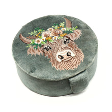Load image into Gallery viewer, Seafoam Velvet Round Jewellery Box with Embroidered Highland Cow in Flower Crown

