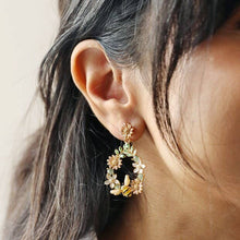 Load image into Gallery viewer, Crystal Flower and Enamel Bee Drop Earrings
