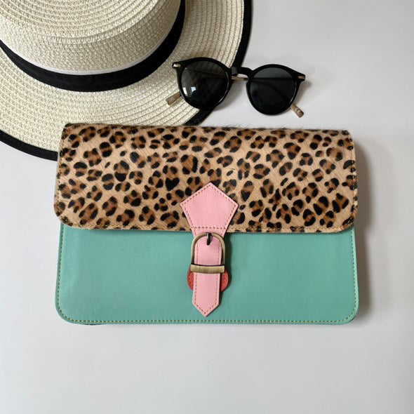 Blanche Mint Leopard Upcycled Leather Handbag