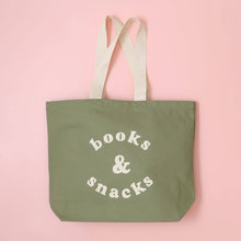 Load image into Gallery viewer, Books &amp; Snacks - Olive Green Canvas Tote Bag
