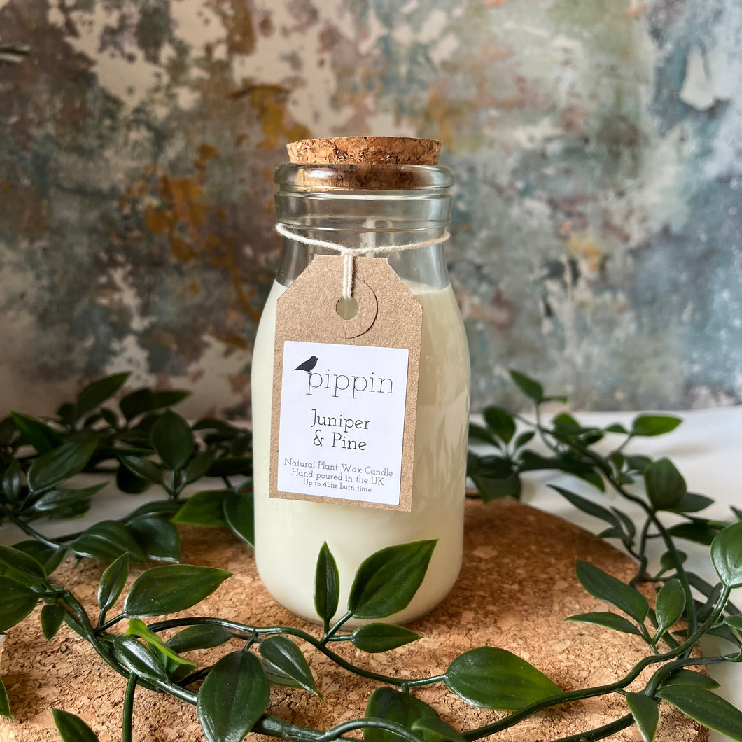 Juniper & Pine - Pippin 200ml milk bottle candle with cork lid