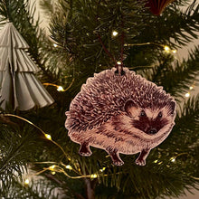 Load image into Gallery viewer, Hedgehog illustrated wooden Christmas tree decoration
