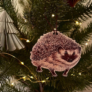 Hedgehog illustrated wooden Christmas tree decoration