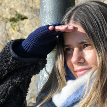 Load image into Gallery viewer, Yasmin Navy Fine Rib Knit Recycled Polyester Blend Fingerless Gloves
