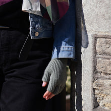 Load image into Gallery viewer, Yasmin Recycled Blend Sage Green Ribbed Fingerless Gloves
