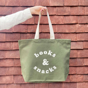 Books & Snacks - Olive Green Canvas Tote Bag