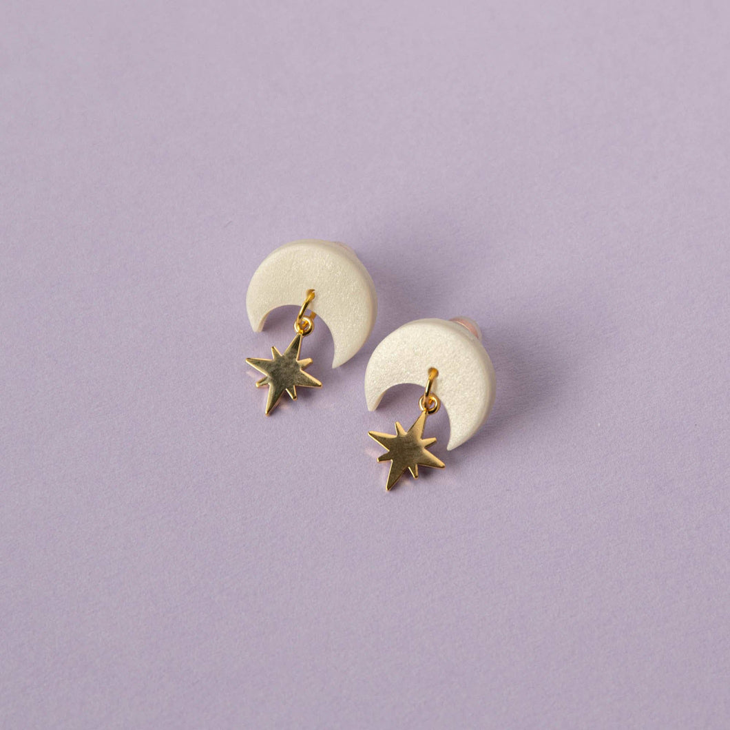 Celestial Gold Star Drop Earrings in Pearly White: Pearly White