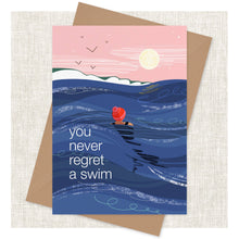 Load image into Gallery viewer, You never regret a swim greeting card - wild swimming card
