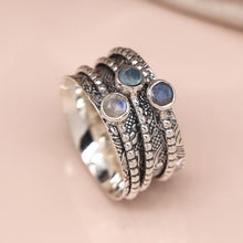 Load image into Gallery viewer, Sterling silver spinning ring with aqua Chalcedony, Moonstone &amp; Labradorite - Size 59 (Large)
