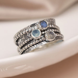 Sterling silver spinning ring with aqua Chalcedony, Moonstone & Labradorite - Size 59 (Large)