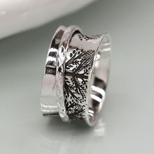 Load image into Gallery viewer, Sterling silver tree spinning ring with narrow hammered band
