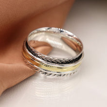 Load image into Gallery viewer, Sterling silver zigzag spinning ring with brass &amp; silver bands
