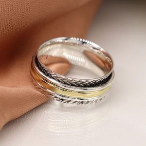 Sterling silver zigzag spinning ring with brass & silver bands