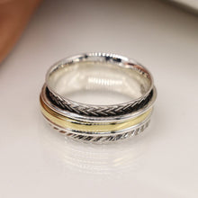 Load image into Gallery viewer, Sterling silver zigzag spinning ring with brass &amp; silver bands
