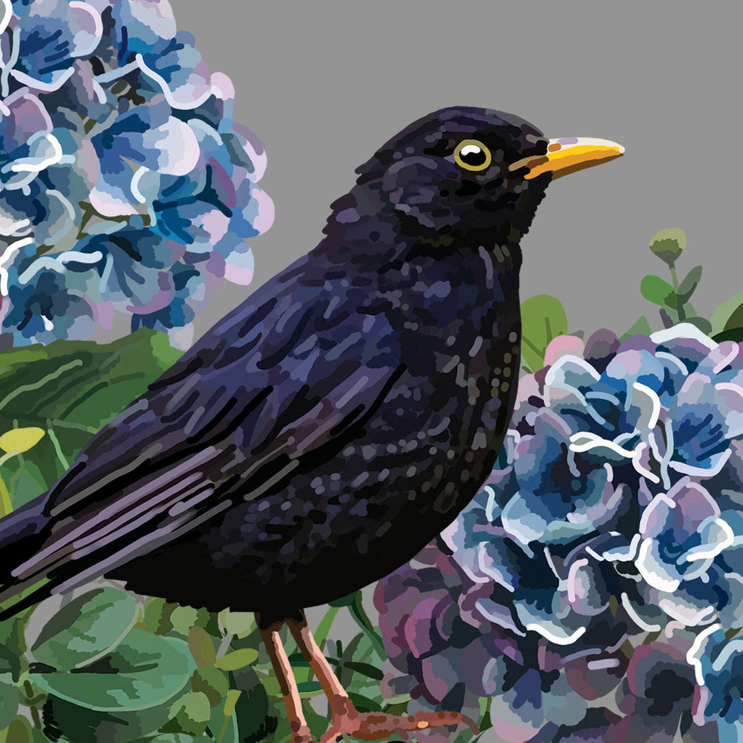 Blackbird With Blue Flowers Blank Card
