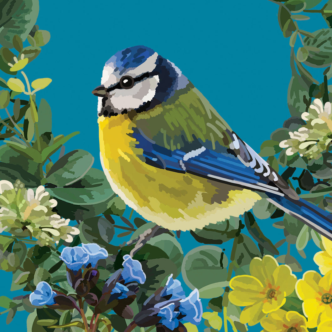 Blue Tit With Flowers Blank Card