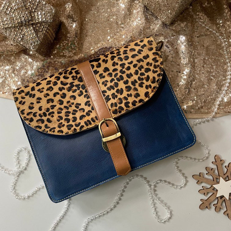 Bridget Navy Leopard Upcycled Leather Handbag