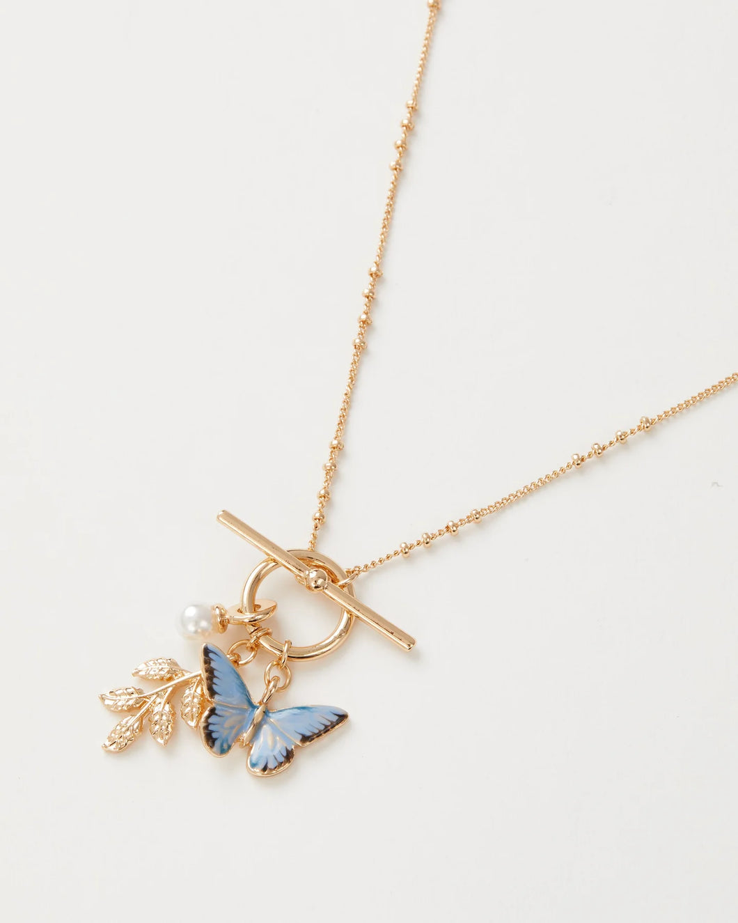 Enamel Butterfly and Leaf Necklace