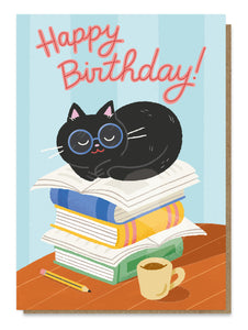 Cat With Books Happy Birthday Card