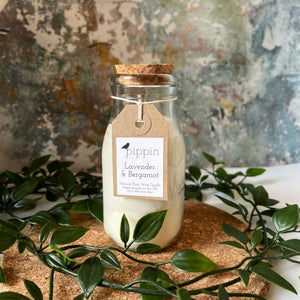 Lavender & Bergamot - Pippin 200ml milk bottle candle with cork lid