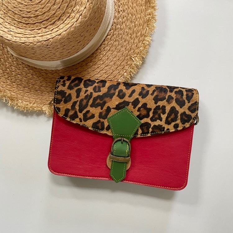 Nancy Half Print Dark Red Leopard Upcycled Leather Handbag