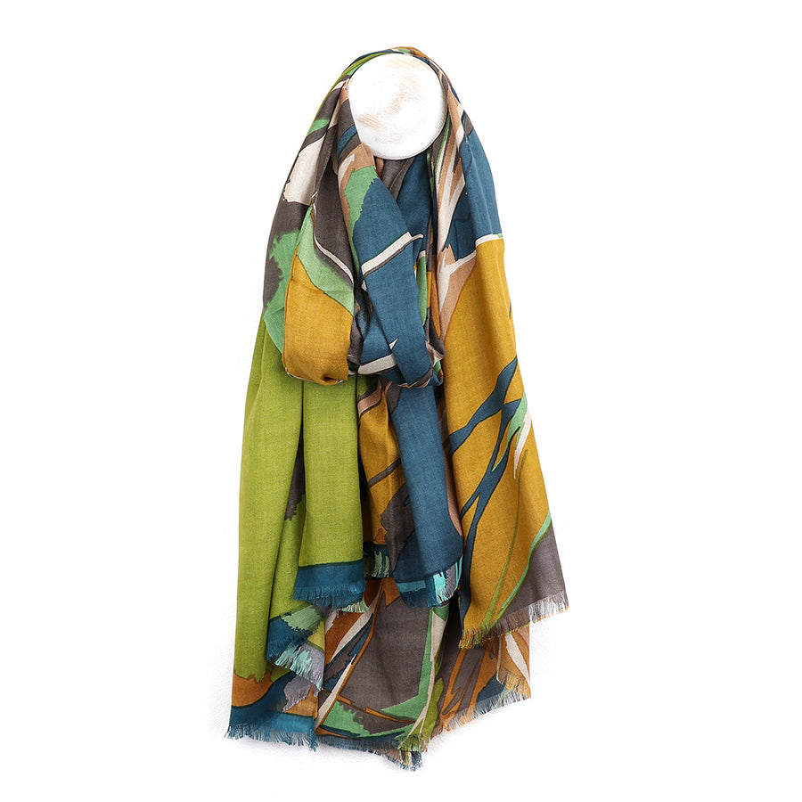 Green, Blue & Mustard Abstract Splash Print Scarf