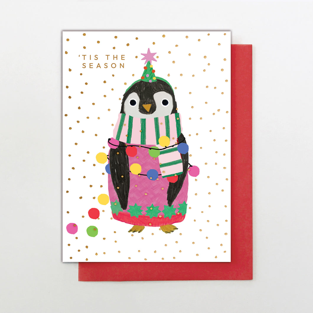 Christmas Card - Penguin in Xmas lights