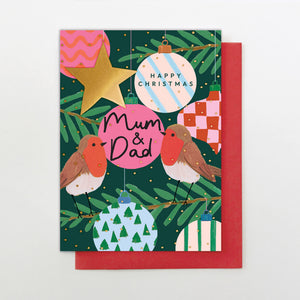 Christmas Card - Mum & Dad Xmas baubles