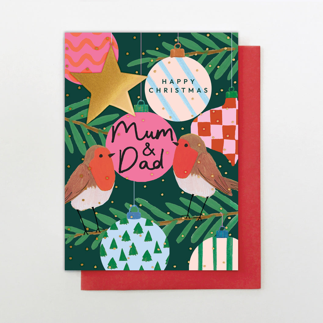 Christmas Card - Mum & Dad Xmas baubles