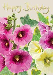 Happy Birthday Hollyhocks On Cream Card