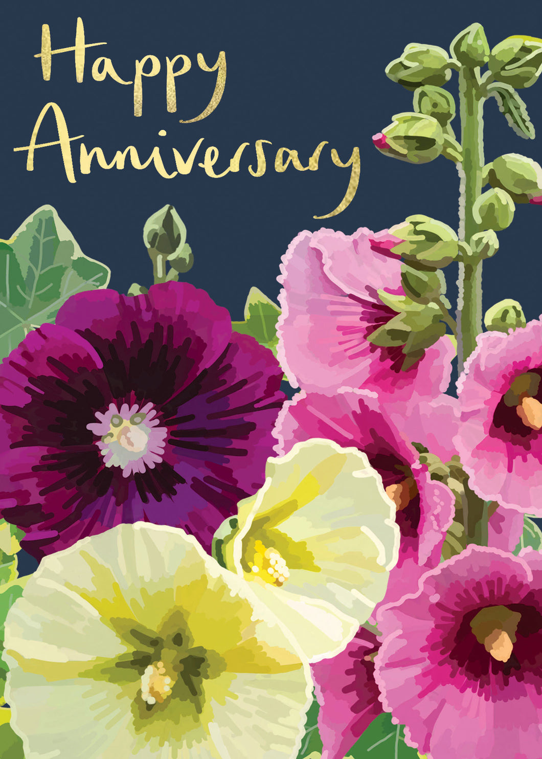 Happy Anniversary Hollyhocks Floral Card