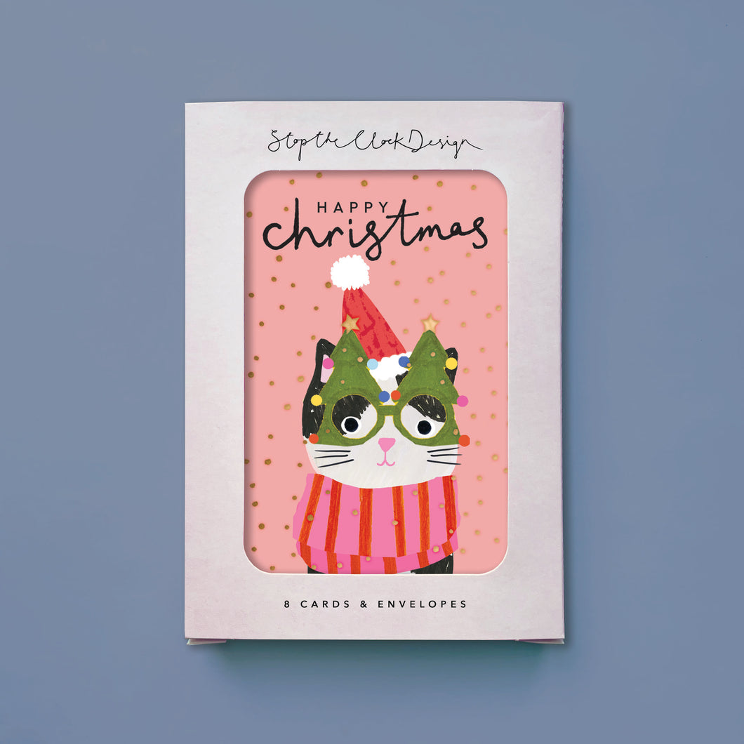 Christmas Card Pack of 8 - Happy Christmas cat
