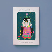 Load image into Gallery viewer, Christmas Card Pack of 8 - Penguin in lights
