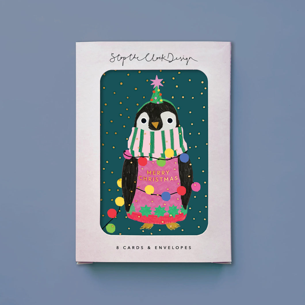 Christmas Card Pack of 8 - Penguin in lights