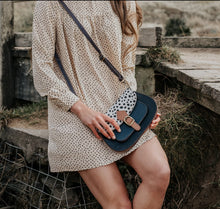 Load image into Gallery viewer, Josephine Navy Tan Leopard Upcycled Leather Handbag
