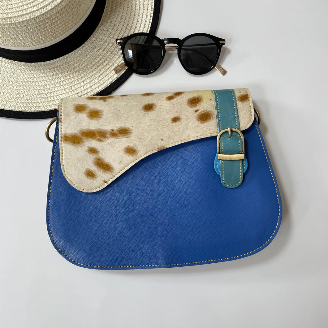 Darcy Blue Cow Print Upcycled Leather Handbag