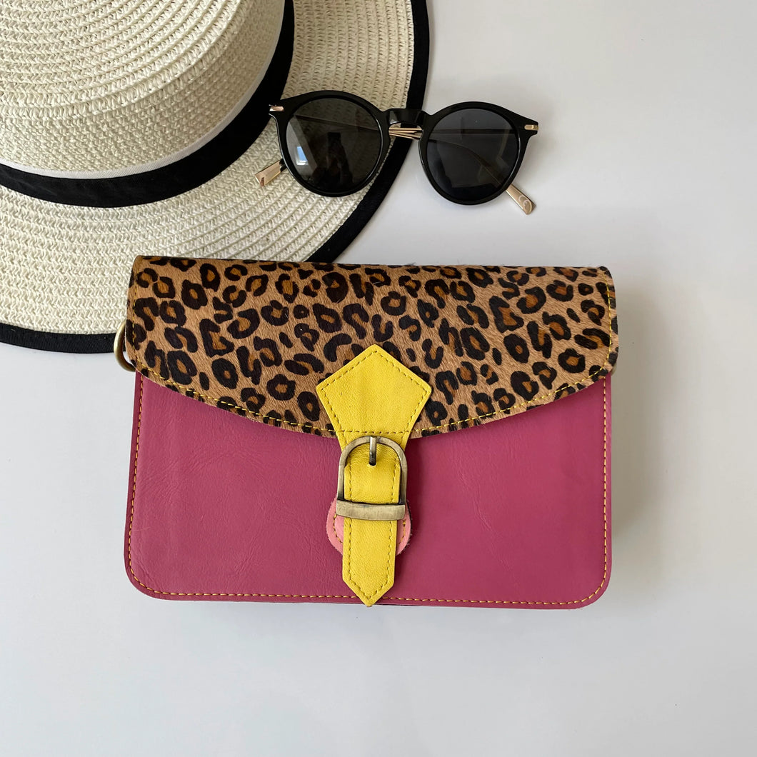 Nancy Dark Pink Leopard Upcycled Leather Handbag