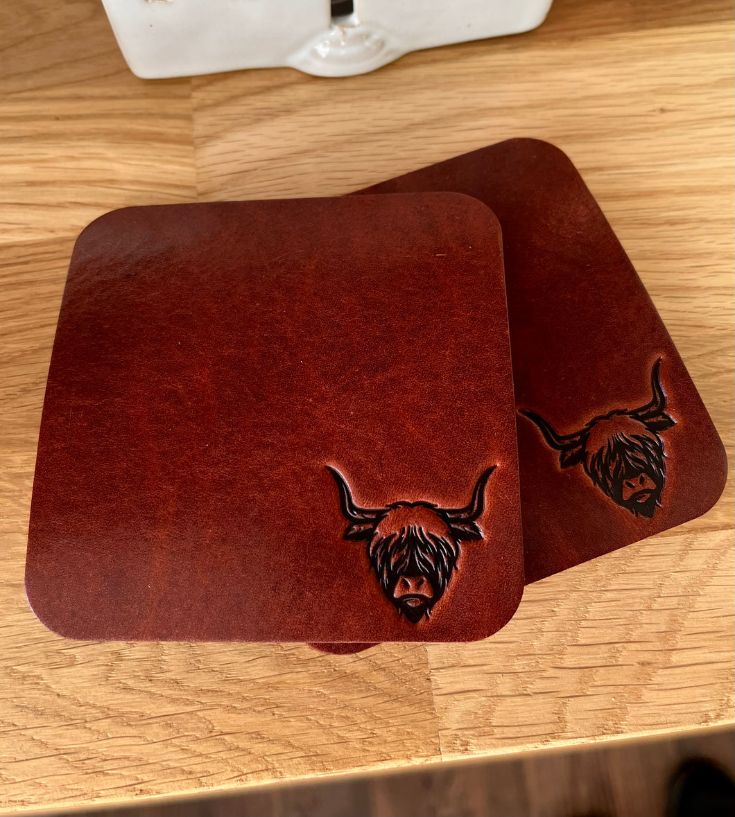 Leather Coaster - Highland Cow - Brown