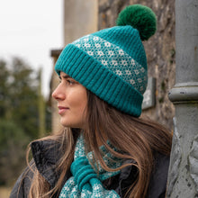 Load image into Gallery viewer, Jade Green And White Floral Design Pompom Bobble Hat
